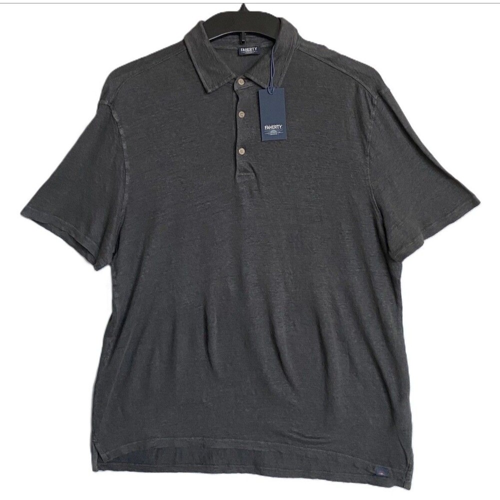 Faherty Reserve SS Linen Polo Men XXL Washed Black Relaxed Fit Lightweight Soft